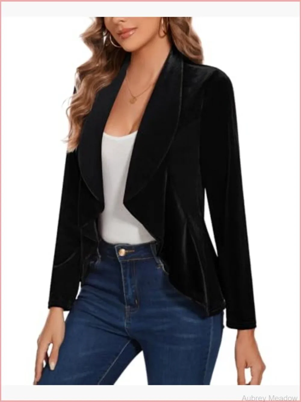 Velvet Open Front Blazer Shawl Lapel Ruffle Hem Long Sleeve Work Coat